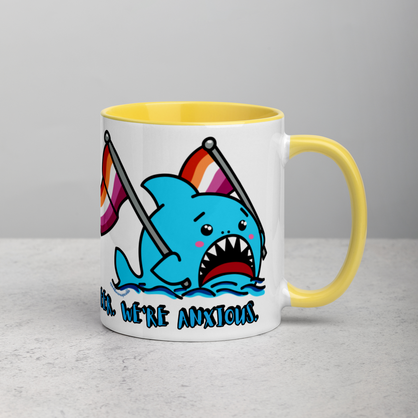"We're Here..." Anxious Shark Mug with Lesbian Pride Flag (11oz)
