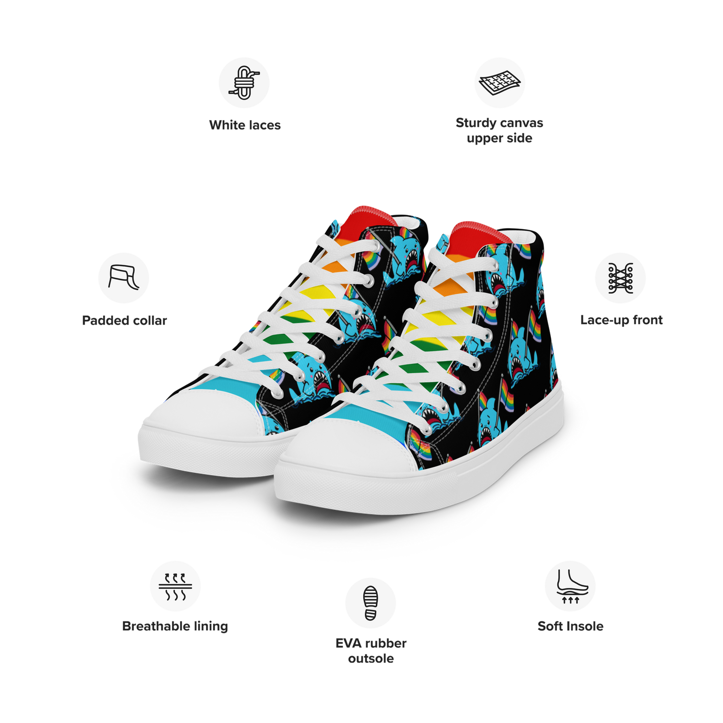 Anxious Shark Celebrates Pride (black)- Women’s high top canvas shoes