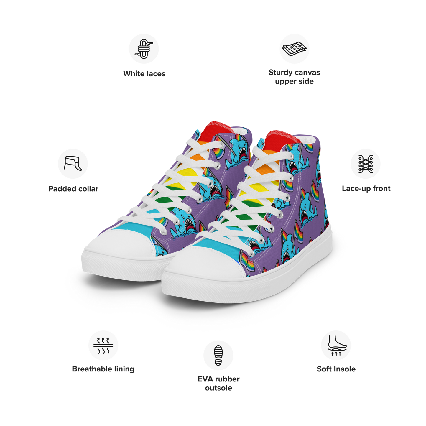 Anxious Shark Celebrates Pride (purple)- Women’s high top canvas shoes