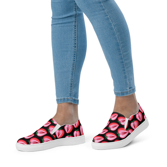 Strawberry Vulva, Women’s Slip-On Canvas Sneakers (black)